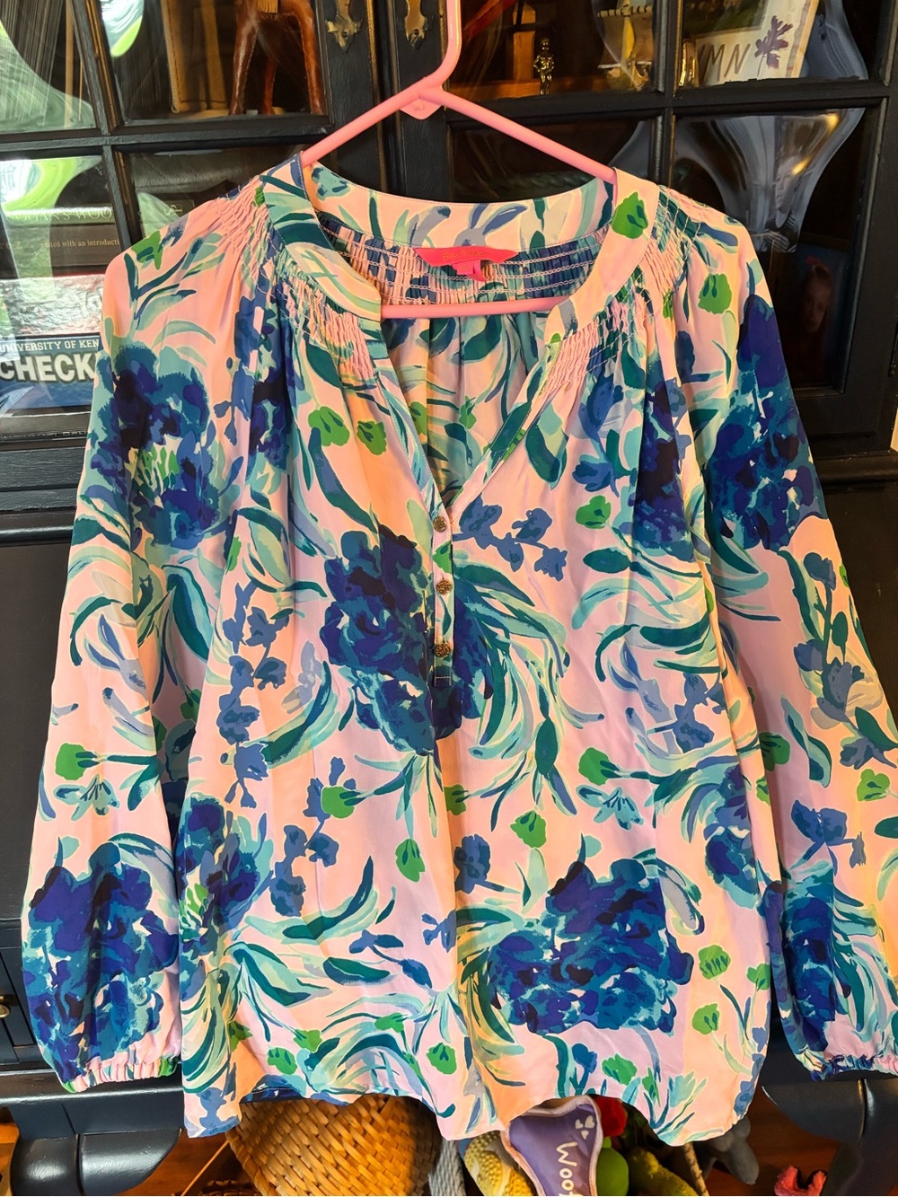 Lilly Pulitzer Pink Blouse with Blue & Green Floral Print